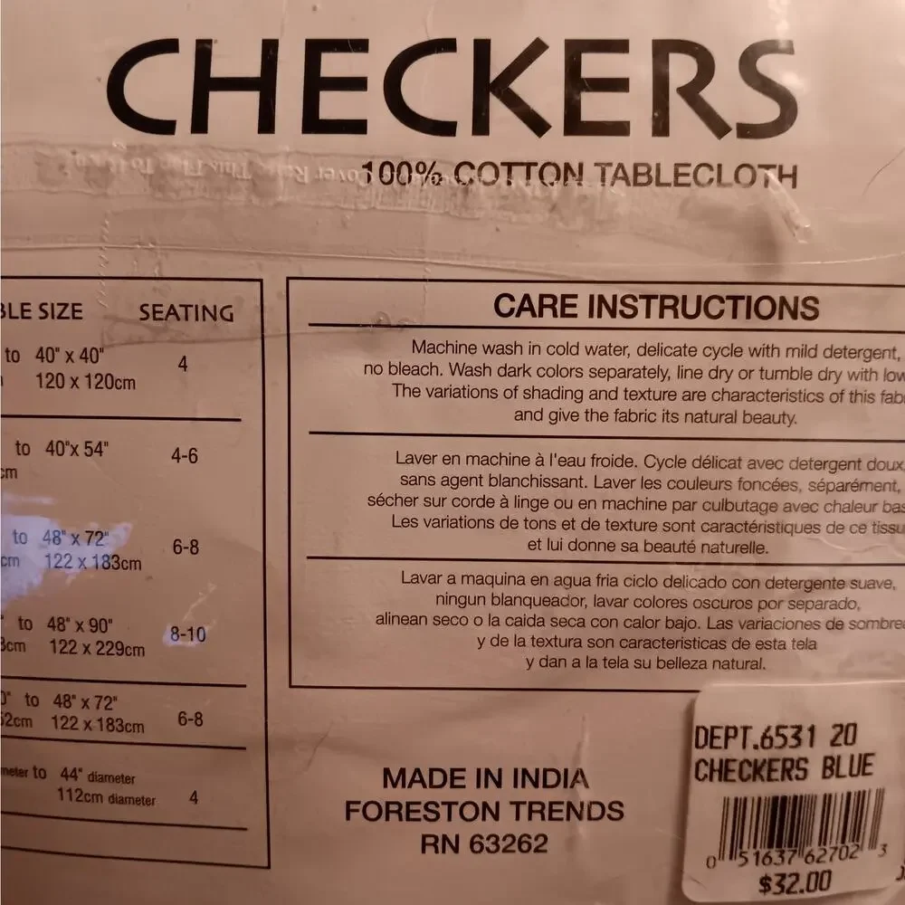 NWT Checkers Tablecloth 60